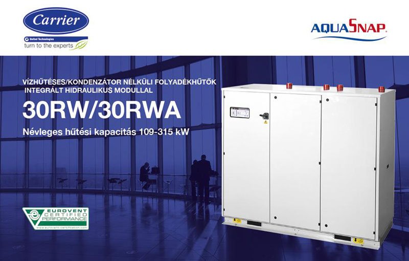 Carrier 30RW/RWA vízhűtéses, kondenzátor nélküli folyadékhűtők integrált hidraulikus modullal