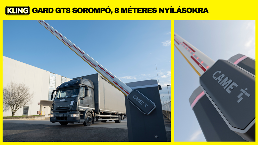 CAME GARD sorompók - megbízhatóság, dizájn és technológia egyben 2 Nagy forgalmú telephelyek, kamionparkolók, ipari zónák? A GT8-at 4–7,8 méteres nyílásokra fejlesztették.Moduláris kar – könnyebb szállítás, kisebb súly, alacsonyabb motorterhelés.Innovatív, két részre osztott kar külső erősítés nélkül – gyorsabb beszerelés, kisebb hibalehetőség.3 millió ciklusra tesztelve, mégis kevesebb karbantartás.160 ciklus/óra kapacitás, strapabíró kivitel, rozsdamentes opcióban is.CAME CONNECT & KEY támogatás – okostelefonos konfigurálás, távoli hozzáférés.